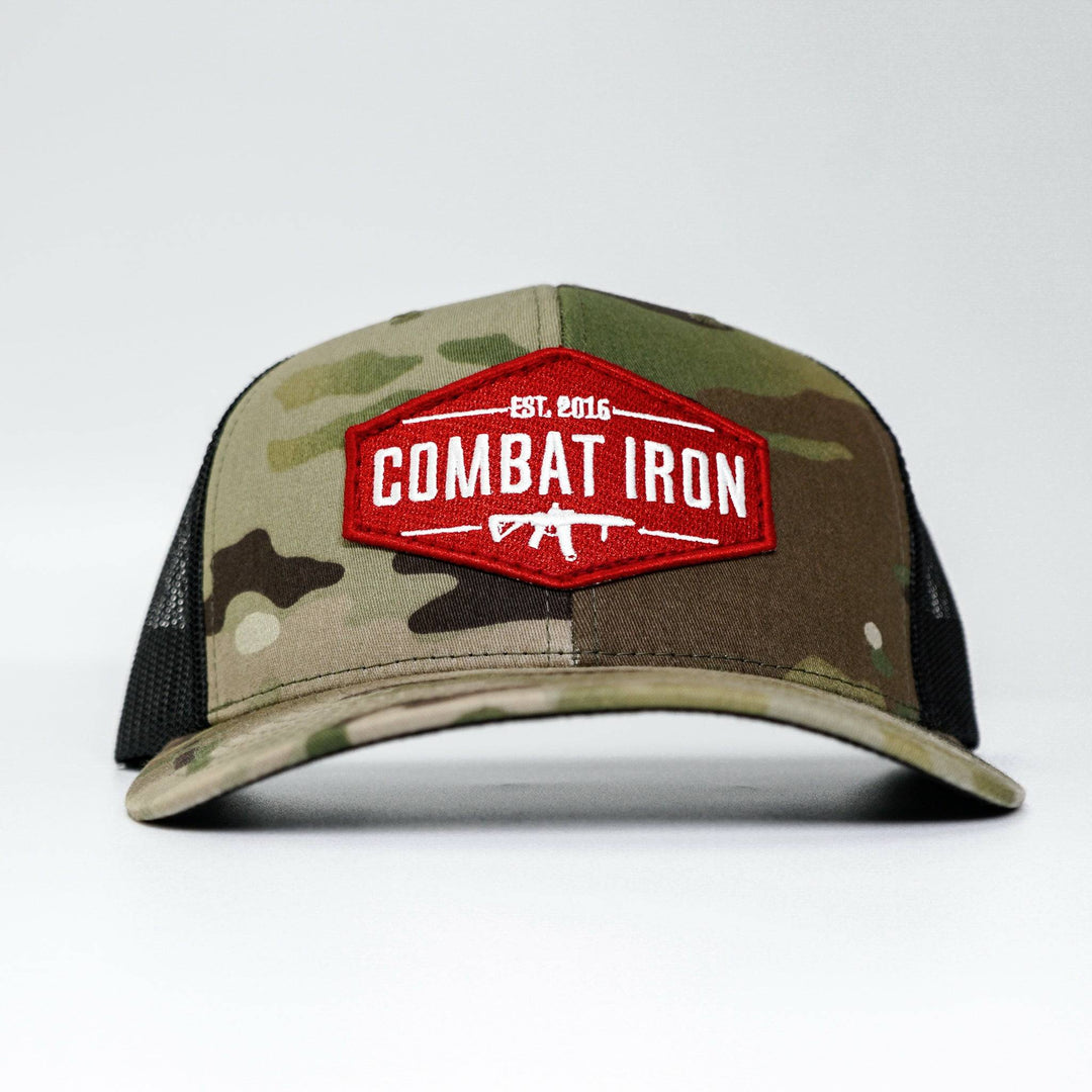 Combat branded patch mid-profile mesh snapback in red and white with a black and white patch on the front #color_multicam-black