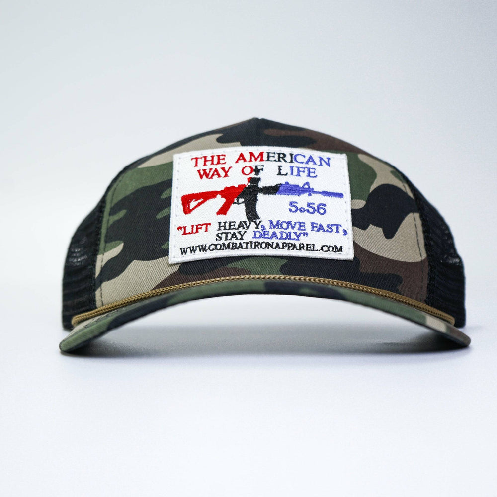 A camo retro rope snapback with a white, blue, and red patch saying “AWOL - American way of life 5.56” #color_bdu-camo-black