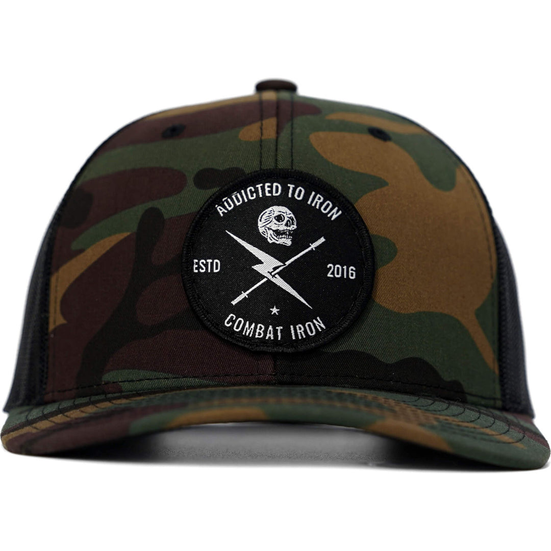 Addicted to iron mesh mid-profile snapback hat #color_bdu-camo-black