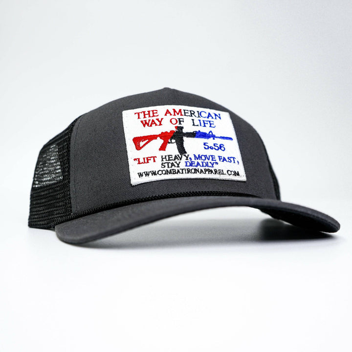 A camo retro rope snapback with a white, blue, and red patch saying “AWOL - American way of life 5.56” #color_gun-metal-gray-black