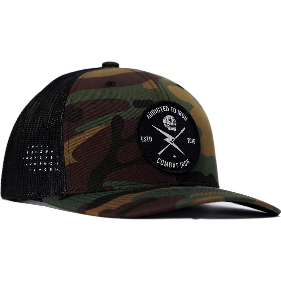 Addicted to iron mesh mid-profile snapback hat #color_bdu-camo-black