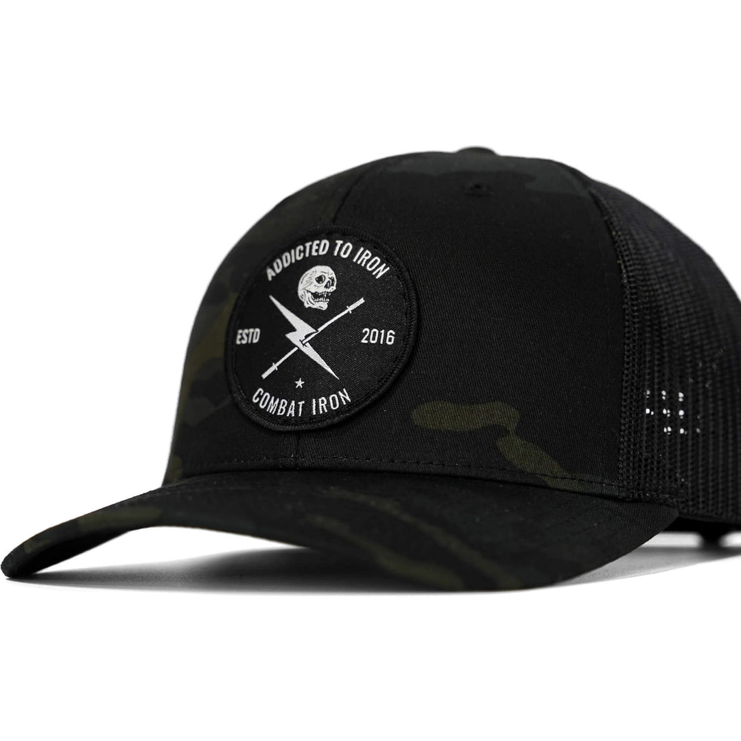 Addicted to iron mesh mid-profile snapback hat #color_black-bdu-black