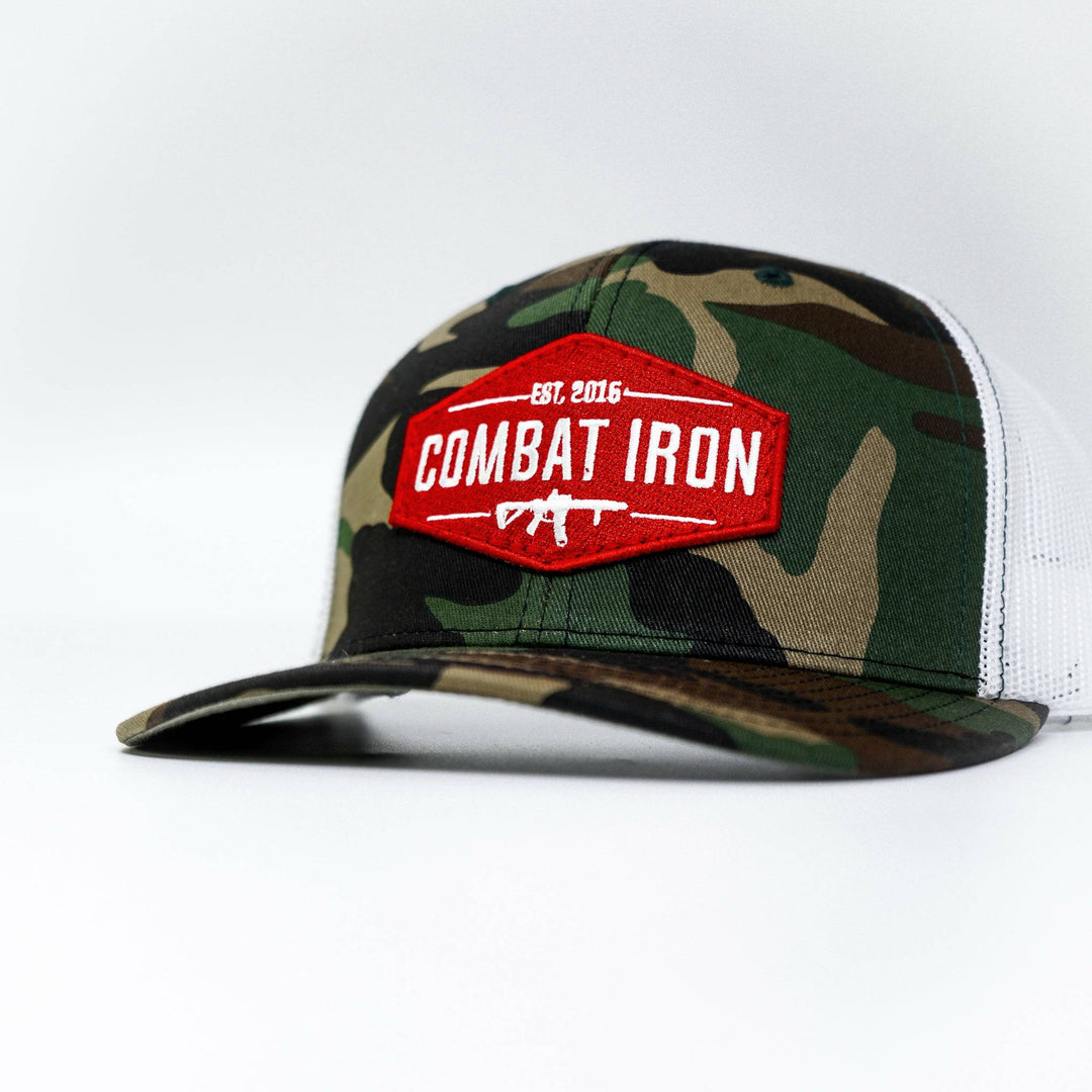 Combat branded patch mid-profile mesh snapback with a black and white patch on the front #color_bdu-camo-white