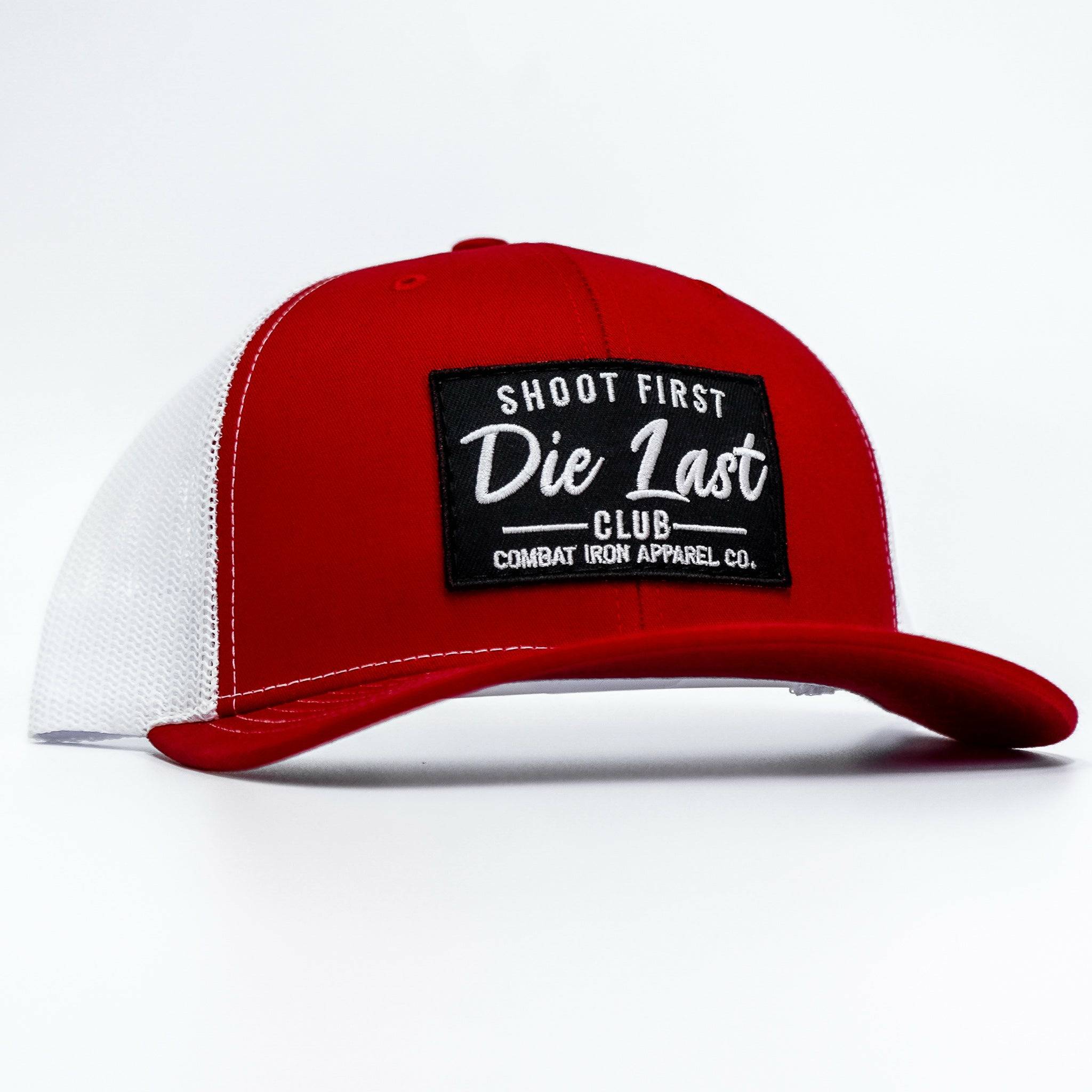 Shoot first. Die last. Club patch mid-profile mesh snapback  #color_red-white