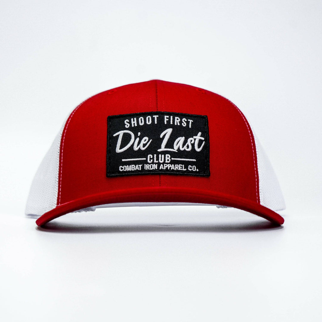 Shoot first. Die last. Club patch mid-profile mesh snapback  #color_red-white