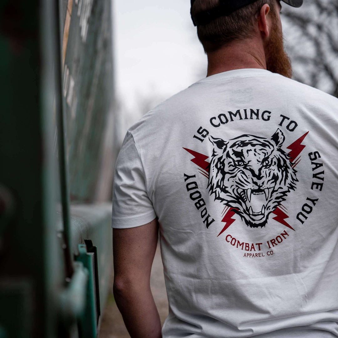 Men’s t-shirt with the message “Nobody is coming to save you” #color_white