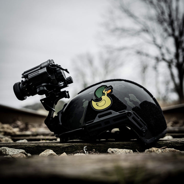 Tactiduck 3D PVC patch of a duck with a helmet and night vision goggles