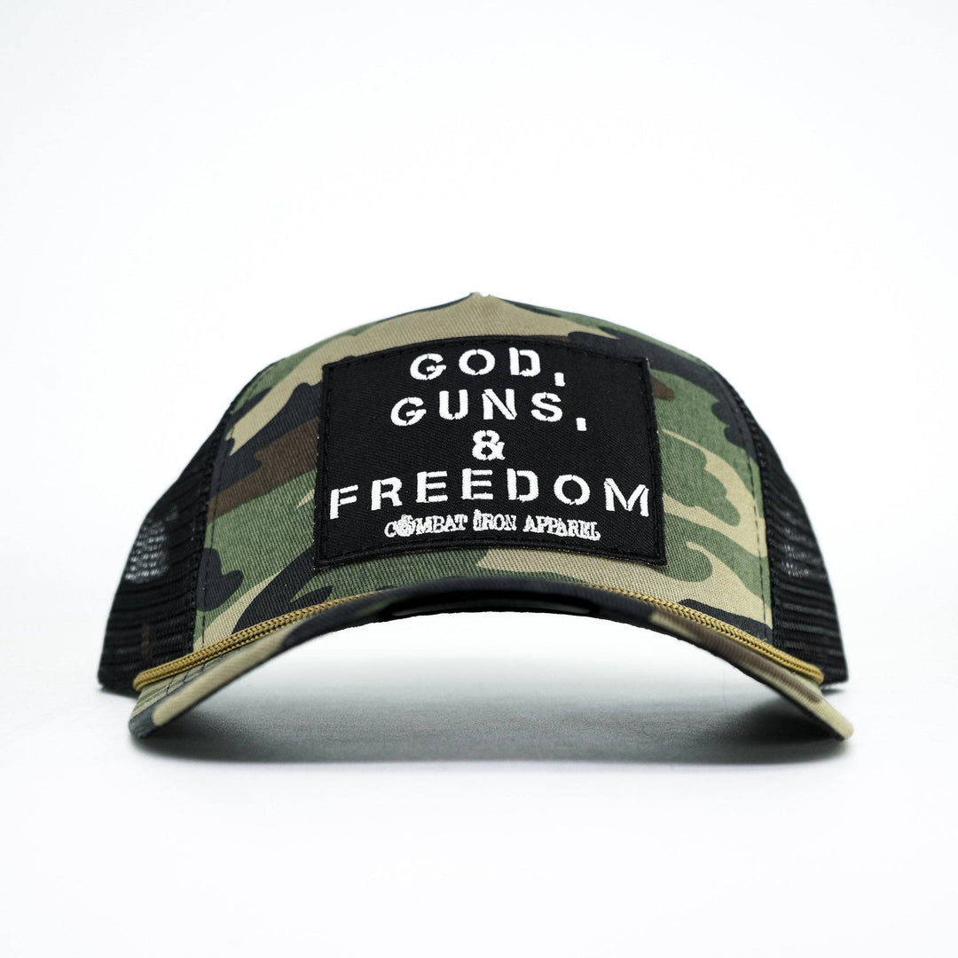 Retro rope snapback hat in olive green with a patch saying “God, guns, and freedom” #color_bdu-camo-black