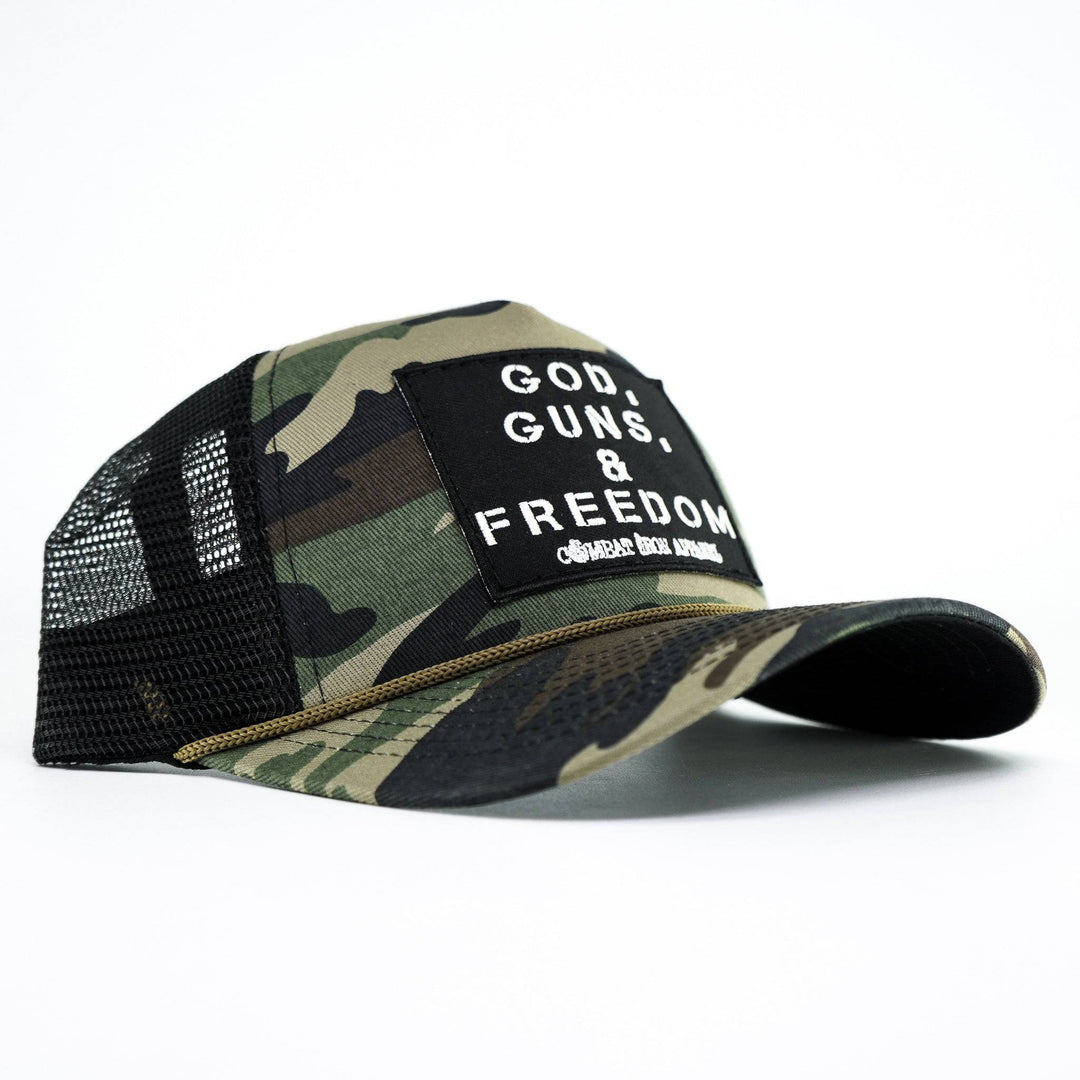 Retro rope snapback hat in olive green with a patch saying “God, guns, and freedom” #color_bdu-camo-black