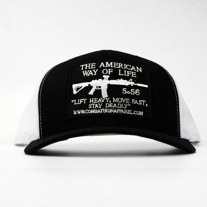 Black patch edition mid-profile mesh snapback hat saying “AWOL - American way of life, 5.56” #color_black-white