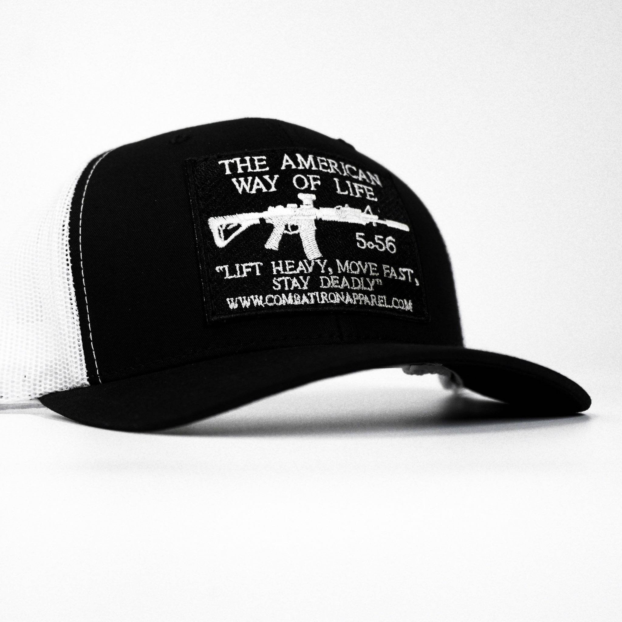 Black patch edition mid-profile mesh snapback hat saying “AWOL - American way of life, 5.56” #color_black-white