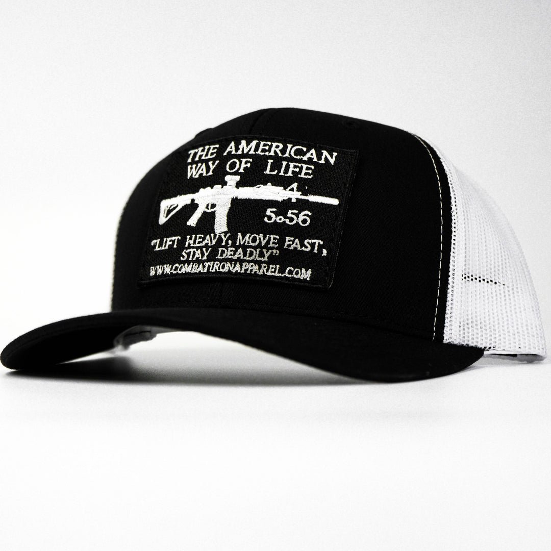 Black patch edition mid-profile mesh snapback hat saying “AWOL - American way of life, 5.56” #color_black-white