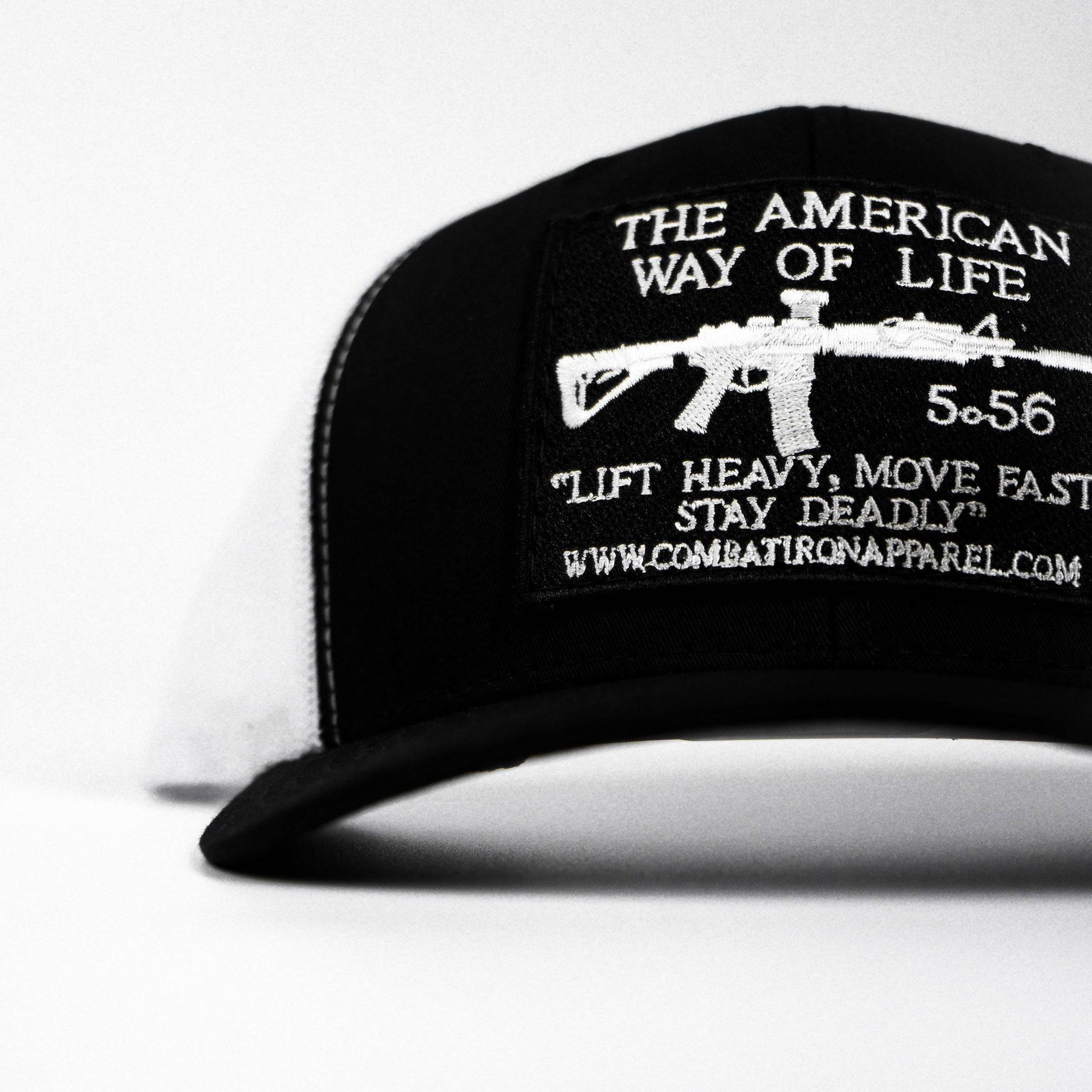 Black patch edition mid-profile mesh snapback hat saying “AWOL - American way of life, 5.56” #color_black-white