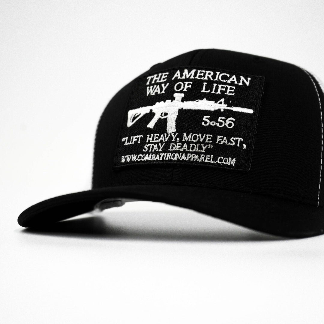 Black patch edition mid-profile mesh snapback hat saying “AWOL - American way of life, 5.56” #color_black-white