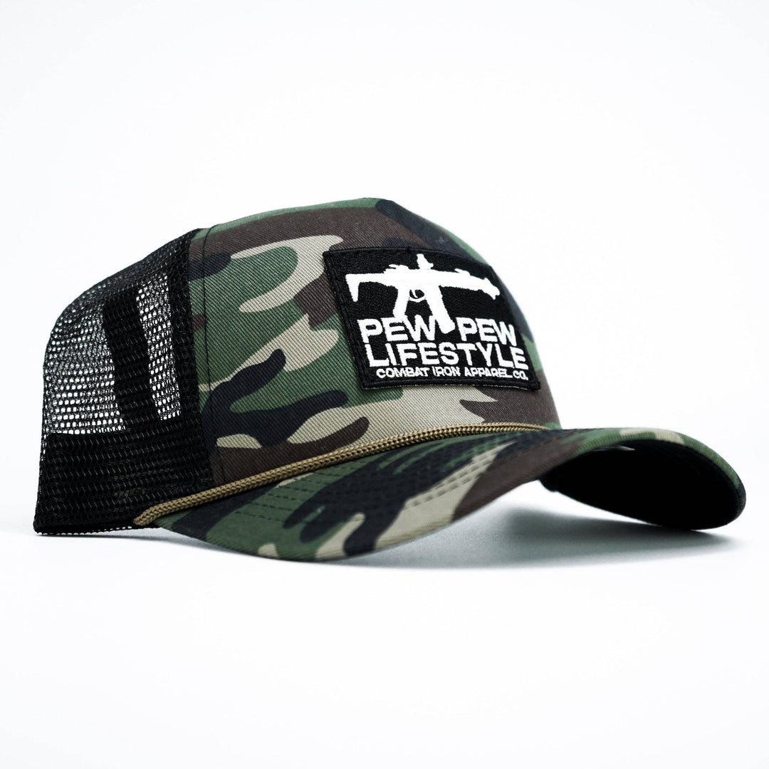 A camo retro rope snapback with a black and white patch saying “Pew pew lifestyle” on front #color_bdu-camo-black