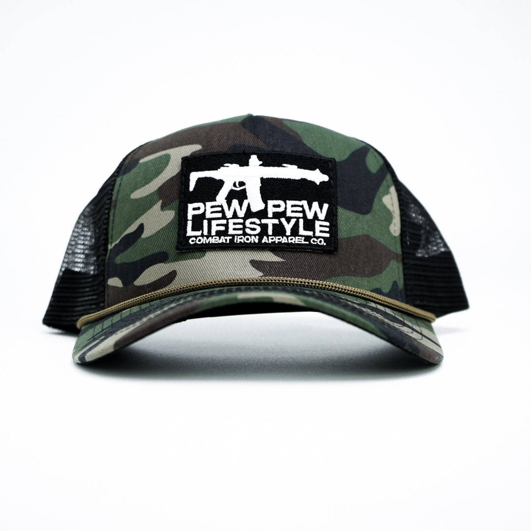 A camo retro rope snapback with a black and white patch saying “Pew pew lifestyle” on front #color_bdu-camo-black