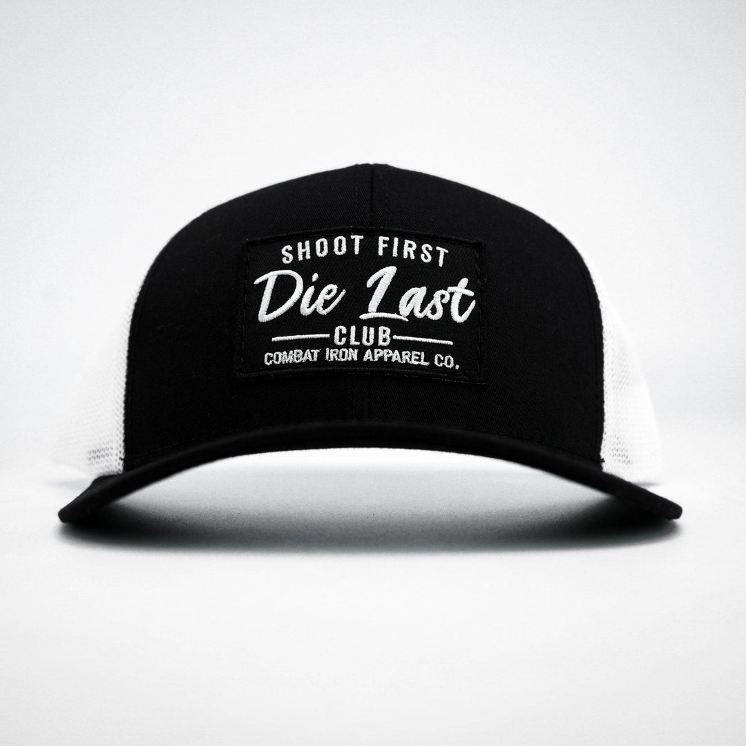 Shoot first. Die last. Club patch mid-profile mesh snapback in black with white print #color_black-black #color_black-white