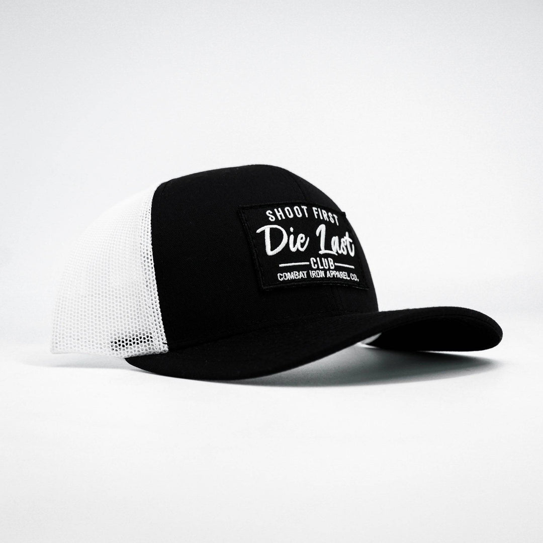 Shoot first. Die last. Club patch mid-profile mesh snapback in black with white print #color_black-white