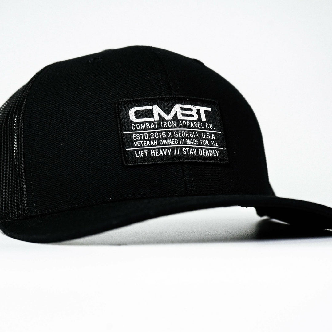 CMBT standard black woven patch mid-profile mesh snapback hat in black with a black and white patch on the front #color_black-black