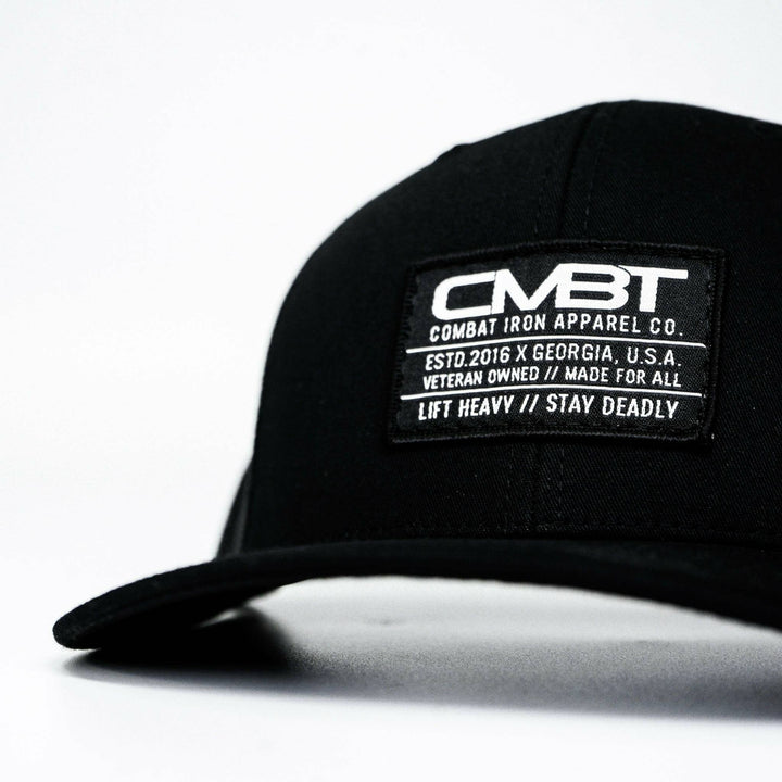 CMBT standard black woven patch mid-profile mesh snapback hat in black with a black and white patch on the front #color_black