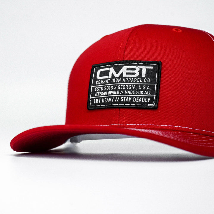 CMBT standard black woven patch mid-profile mesh snapback hat in black with a black and white patch on the front #color_red-white