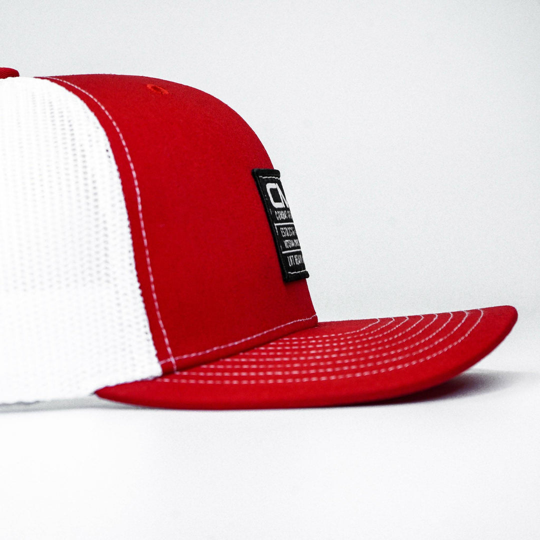 CMBT standard black woven patch mid-profile mesh snapback hat in black with a black and white patch on the front #color_red-white