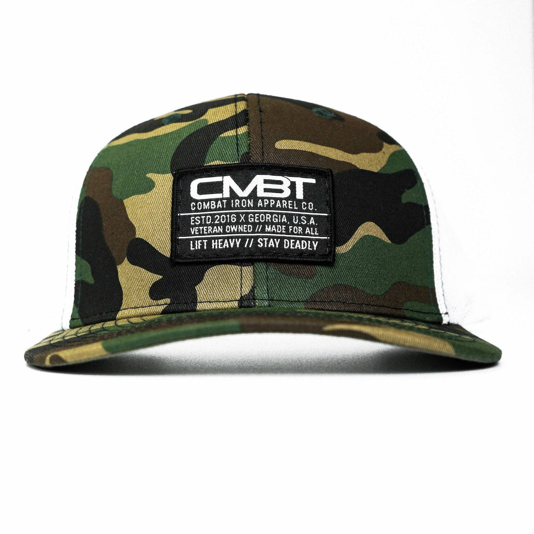 CMBT standard black woven patch mid-profile mesh snapback hat in black with a black and white patch on the front #color_bdu-camo-white