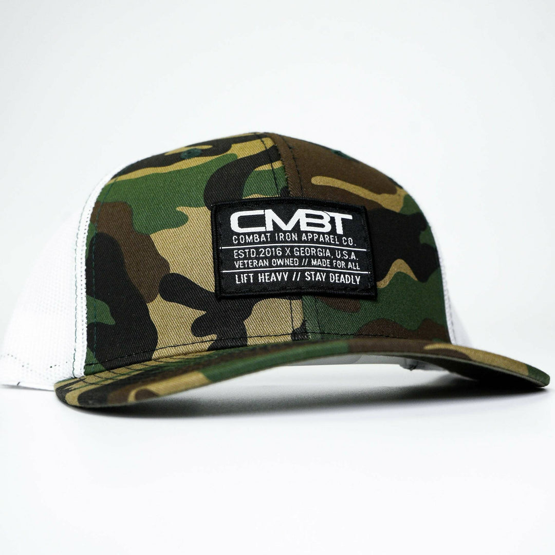 CMBT standard black woven patch mid-profile mesh snapback hat in black with a black and white patch on the front #color_bdu-camo-white