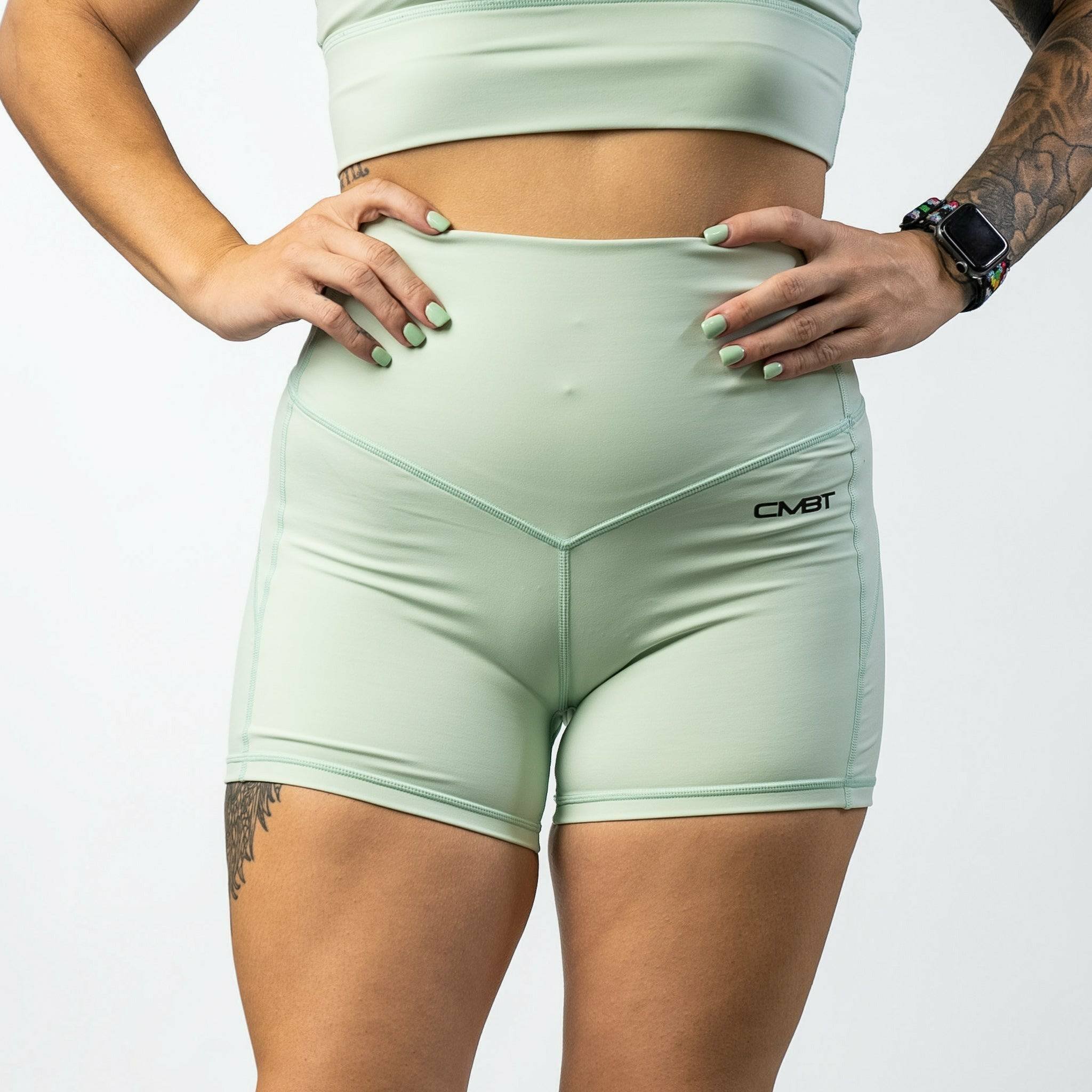 Ladies' luxe high-waisted shorts for women, all mint with the CMBT logo #color_mint