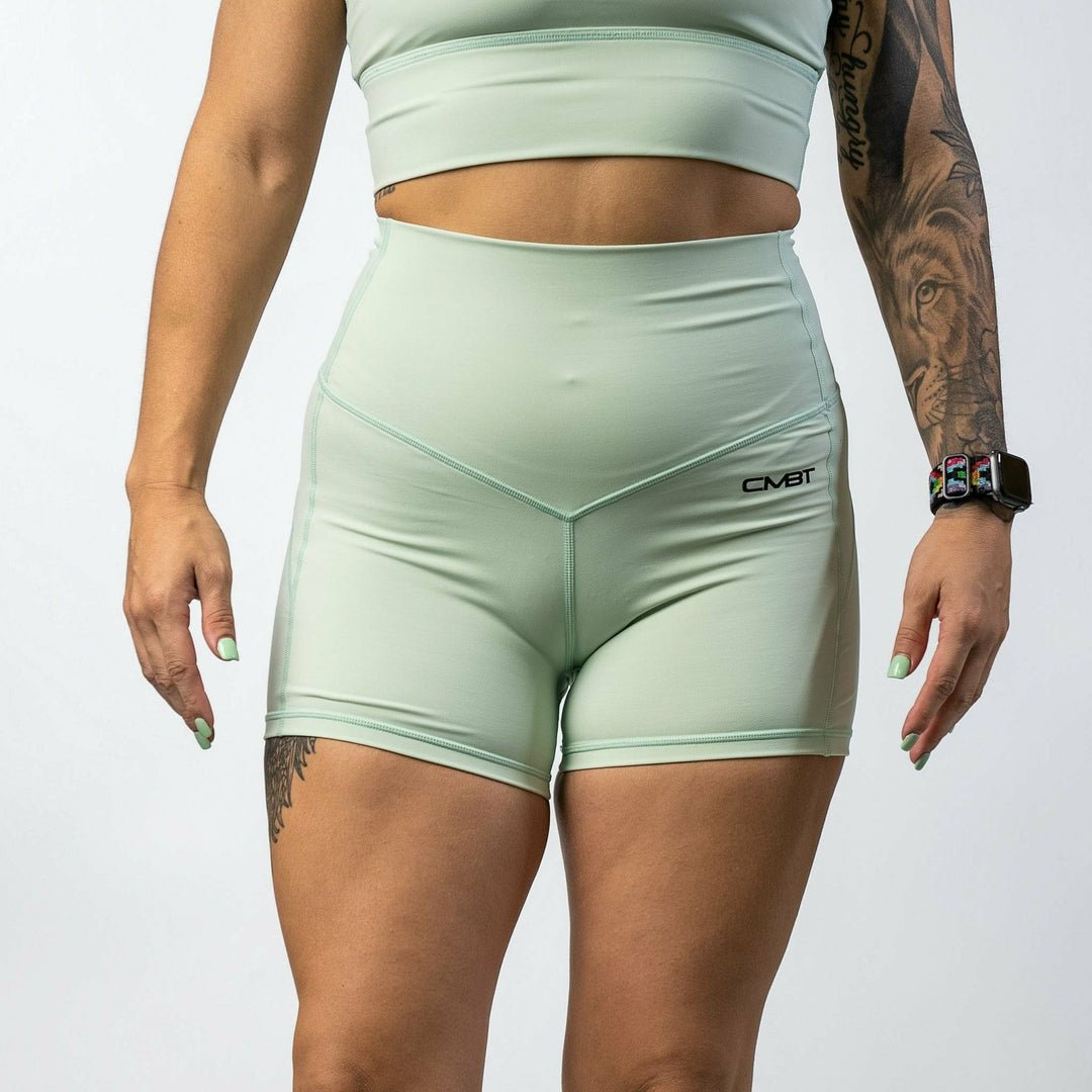 Ladies' luxe high-waisted shorts for women, all mint with the CMBT logo #color_mint