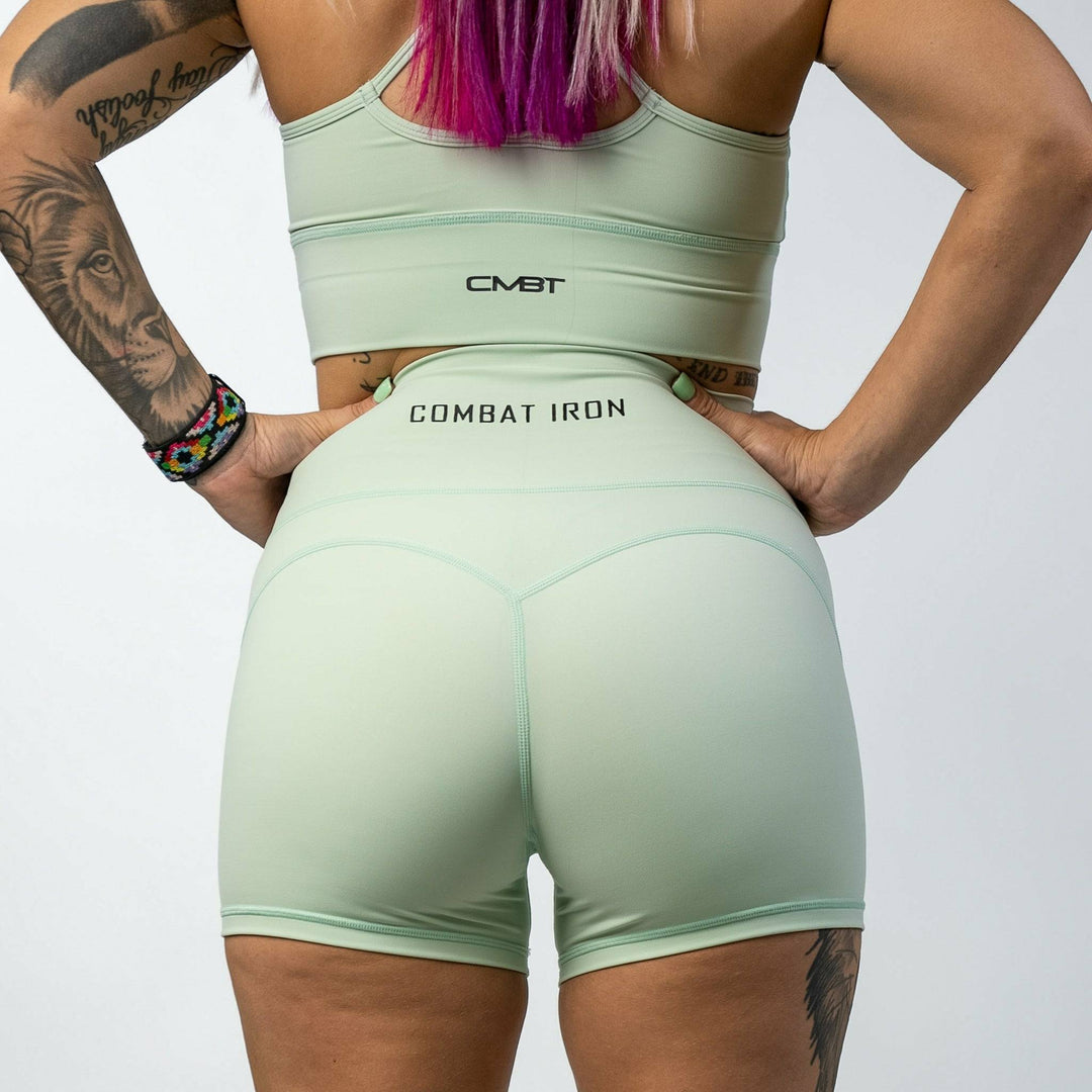Ladies' luxe high-waisted shorts for women, all mint with the CMBT logo #color_mint