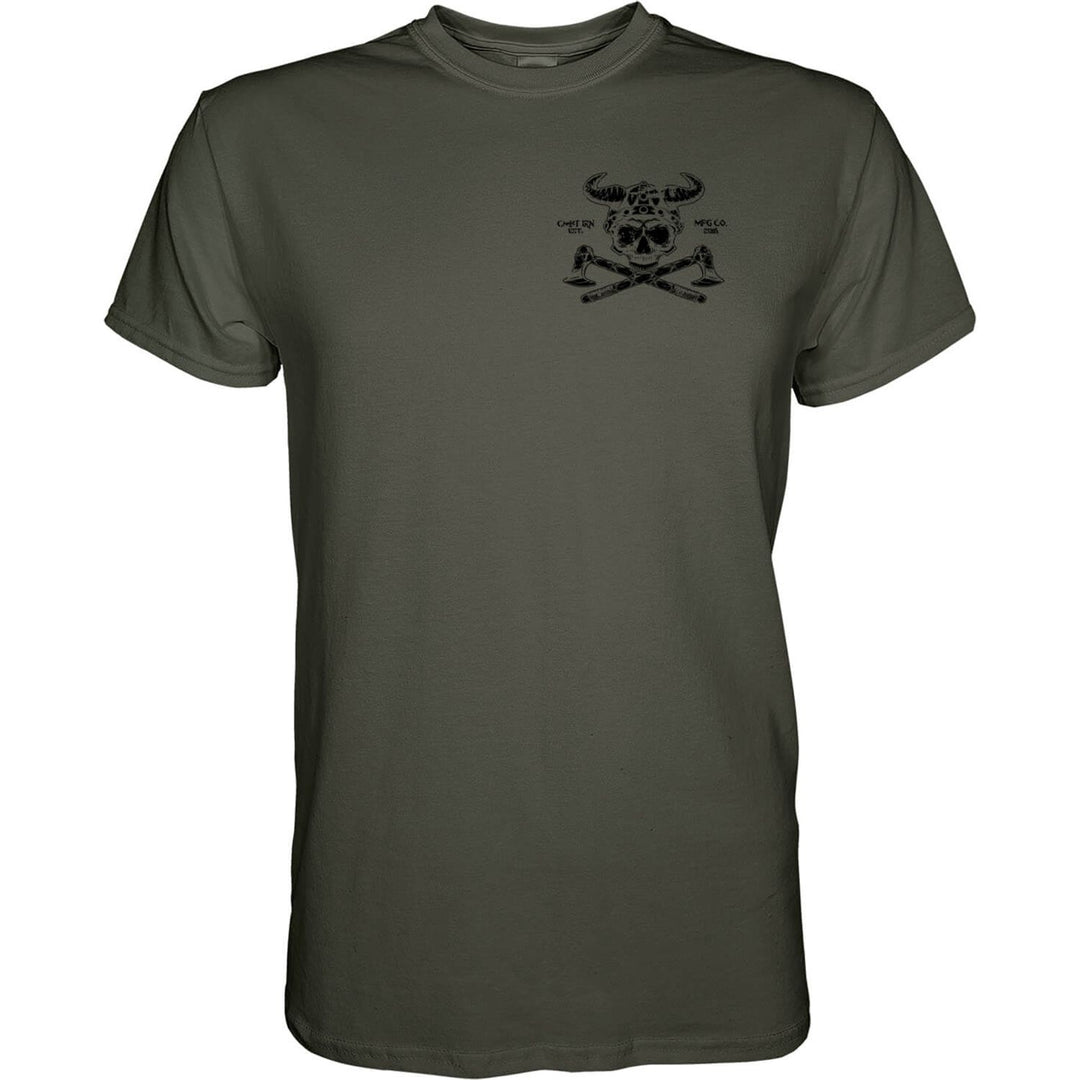 t-shirt with the words “Fear not death” with a viking warrior #color_military-green