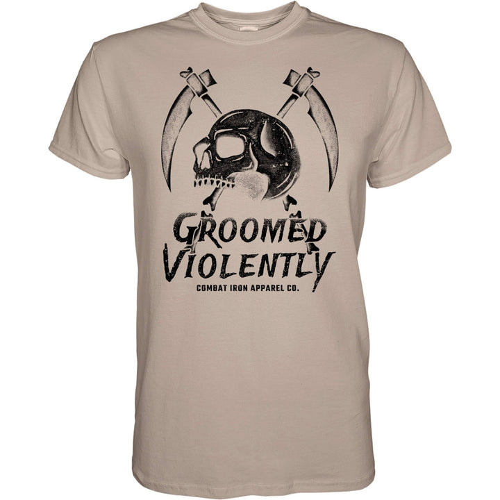 Men’s t-shirt with the words “Groomed violently” with a skull and two sickles on the front