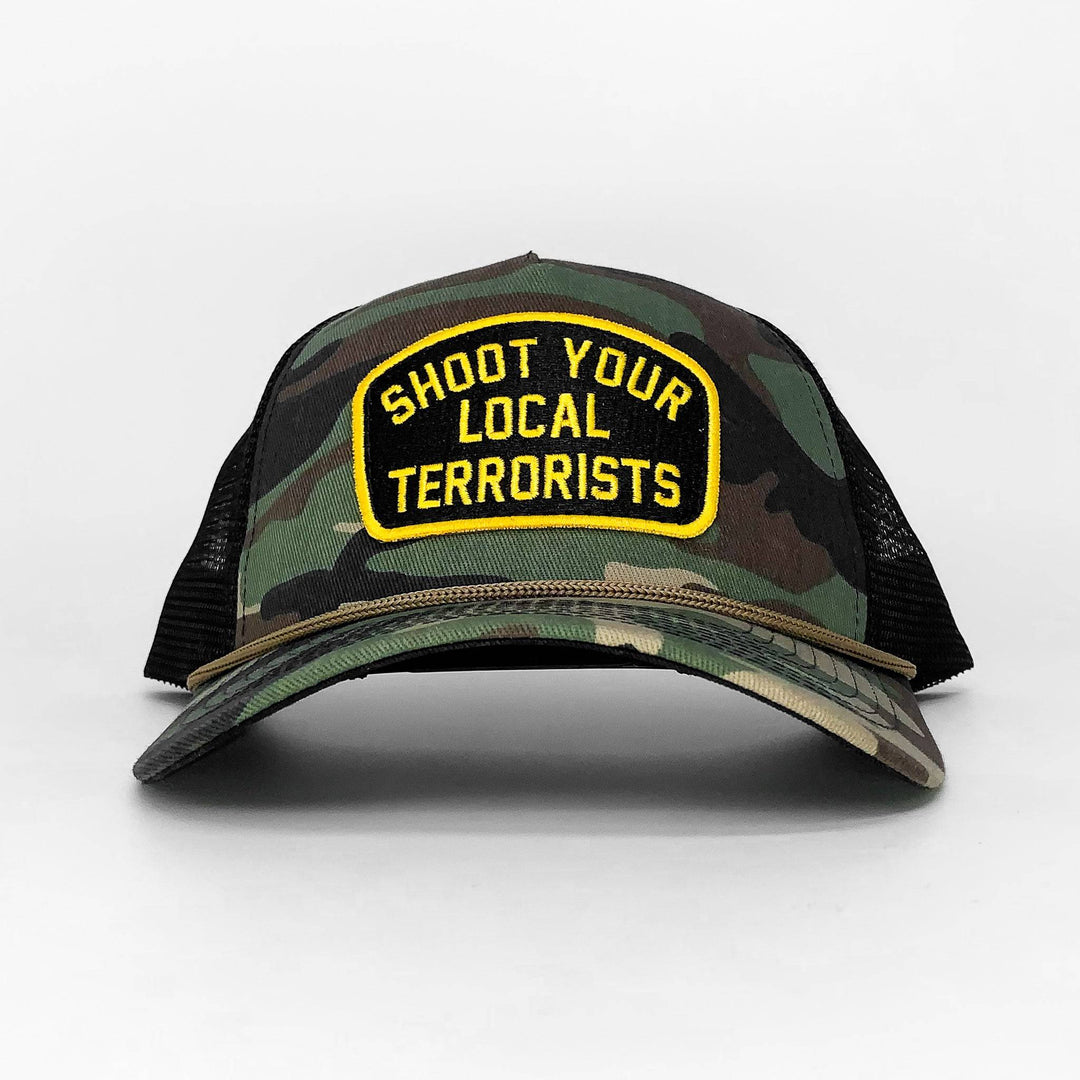 Shoot your local terrorists patch retro rope snapback in woodland camo with a yellow and black design #color_bdu-camo-black