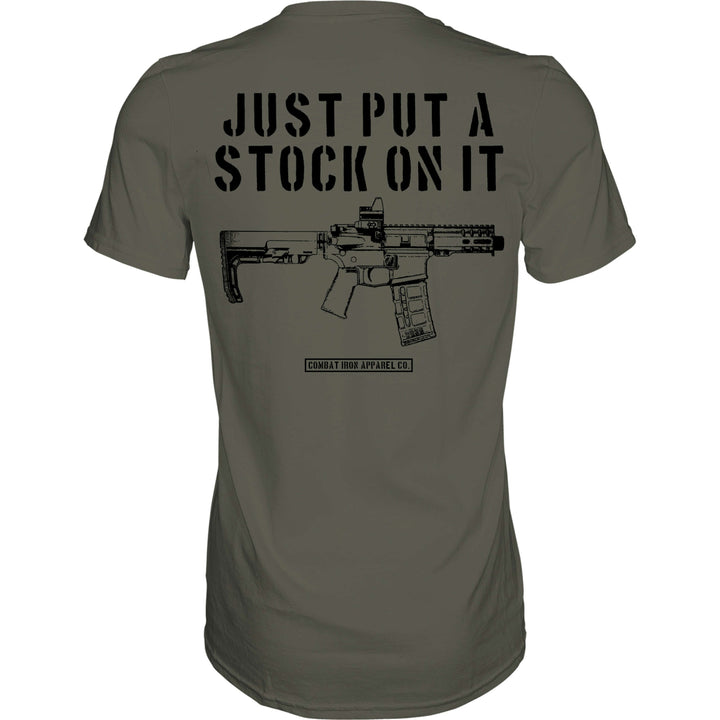 men’s t-shirt with white details saying “Just put a stock on it”  #color_military-green