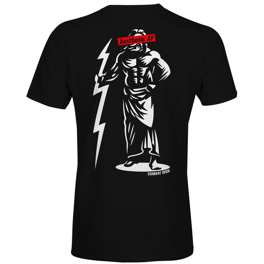 Men’s Zeus aesthetic AF black t-shirt with Zeus on the front, holding a lightning #color_black
