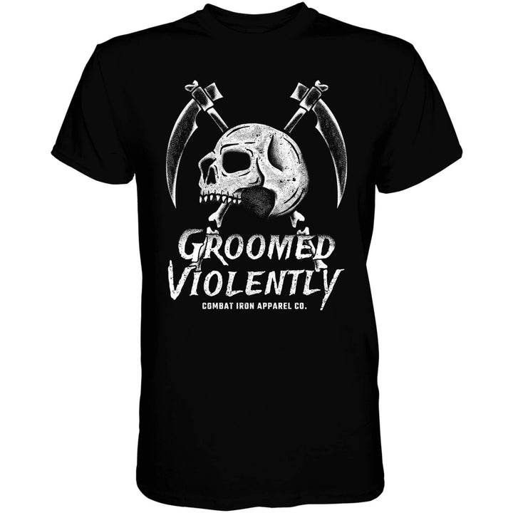 Men’s black t-shirt with the words “Groomed violently” with a skull and two sickles on the front #color_black