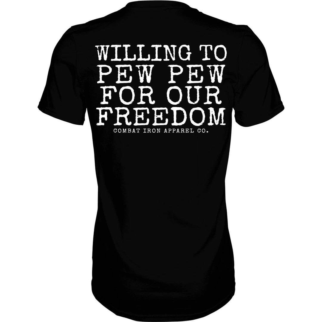 Men’s black t-shirt with the words “Willing to pew-pew for our freedom” #color_black