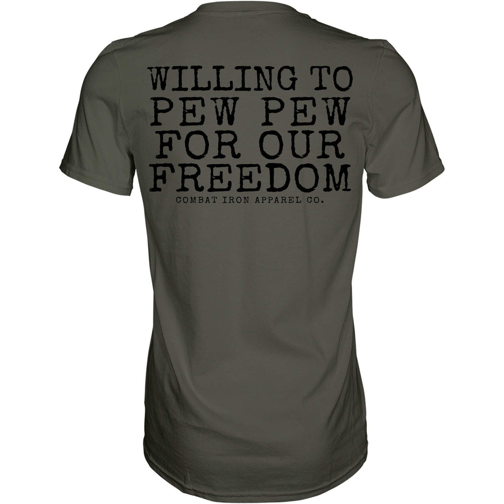 Men’s t-shirt with the words “Willing to pew-pew for our freedom” #color_military-green
