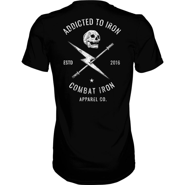 Men’s black t-shirt with the print that says “Addicted to iron, combat iron” and a bolt, a barbell, and a skull in the front, all in white #color_black