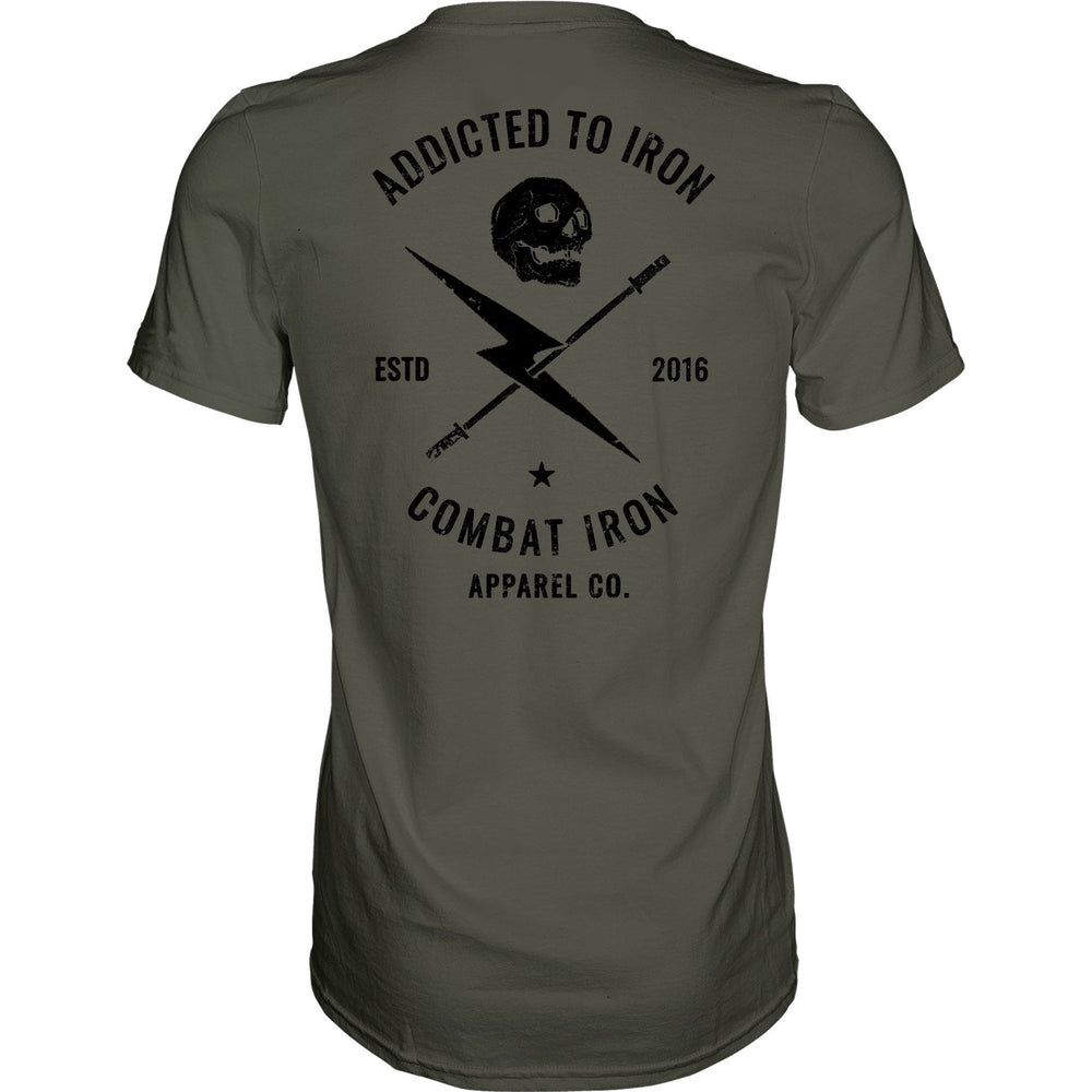 Men’s t-shirt with the print that says “Addicted to iron, combat iron” and a bolt, a barbell, and a skull in the front  #color_military-green