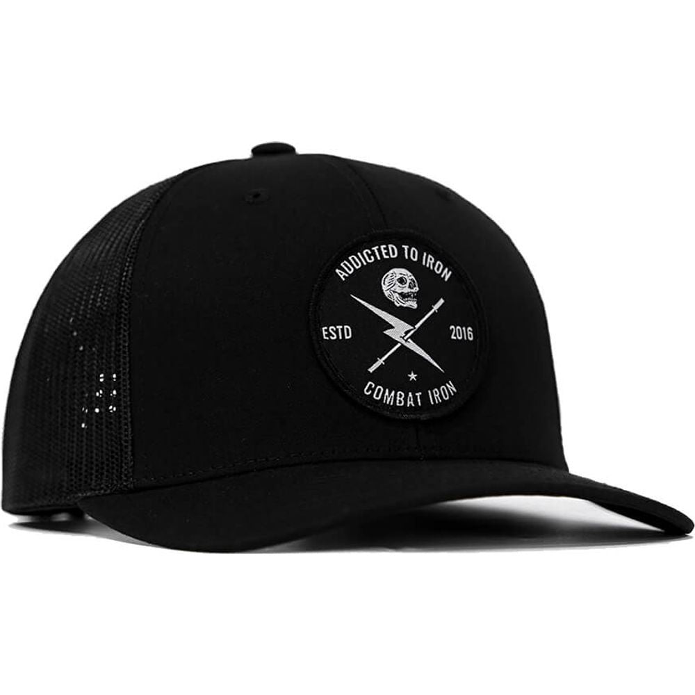 Addicted to iron mesh mid-profile snapback hat in all black #color_black-black