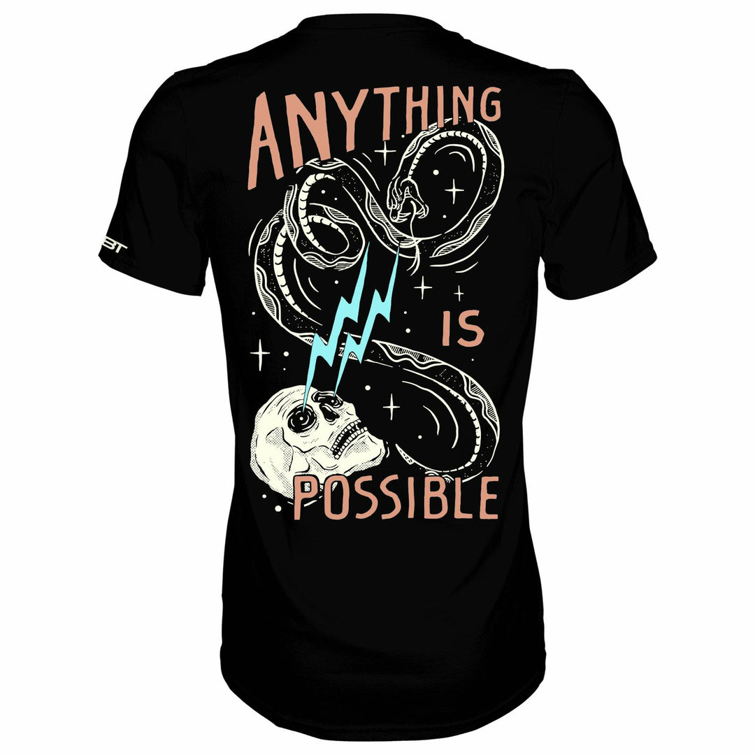 Men’s black t-shirt with the words “Anything is possible” in the front with a skull and lightning bolt design #color_black