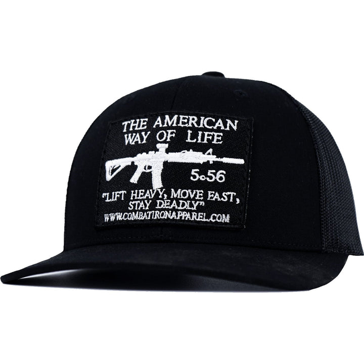 Black patch edition mid-profile mesh snapback hat saying “AWOL - American way of life, 5.56” #color_black-black