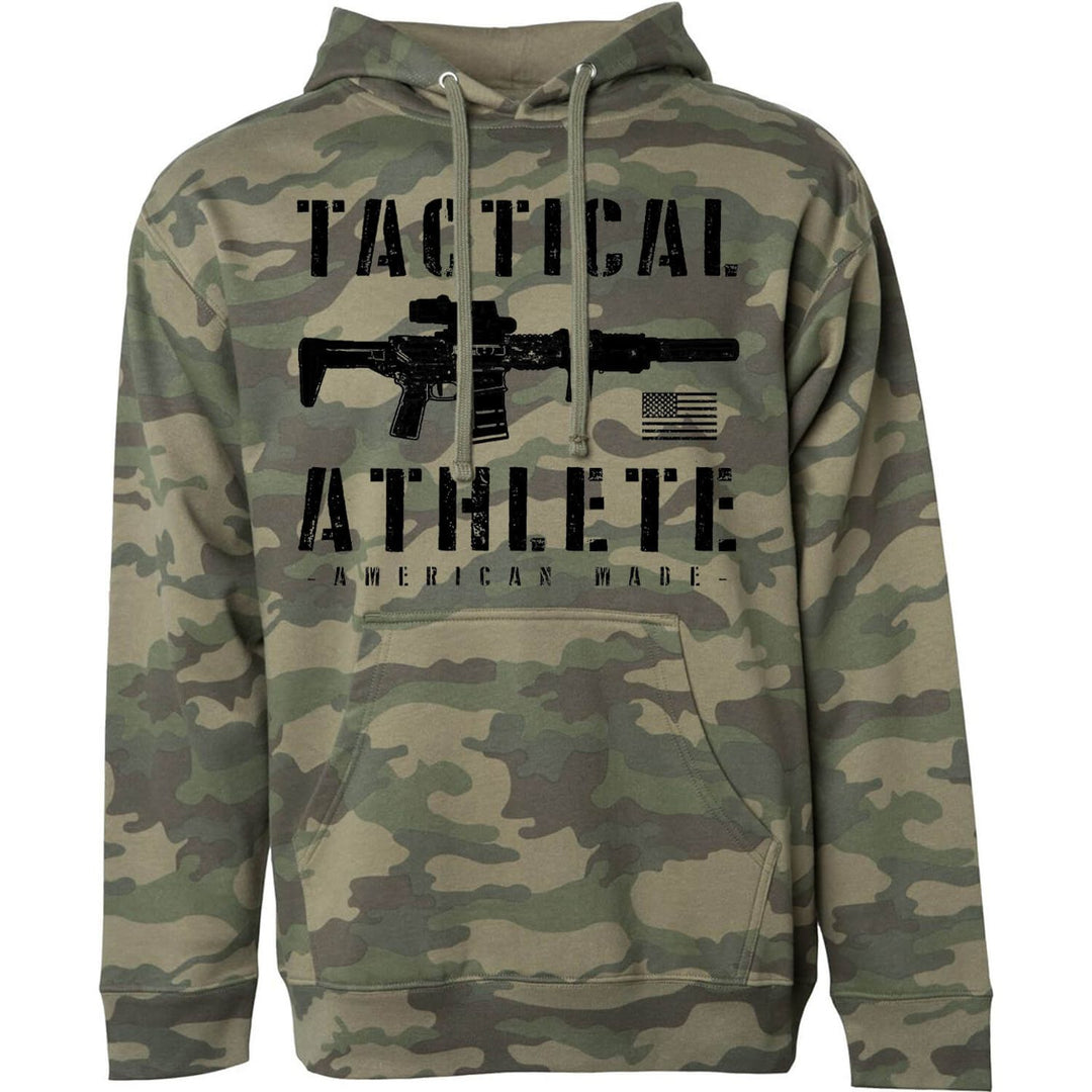 Tactical athlete, men’s midweight hoodie in camo with black letters #olor_bdu-camo