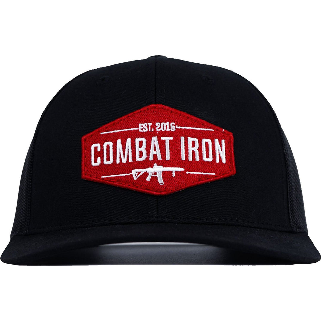 Combat branded patch mid-profile mesh snapback in red and white with a black and white patch on the front #color_black-black
