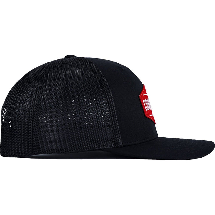 Combat branded patch mid-profile mesh snapback with a black and white patch on the front #color_black-black