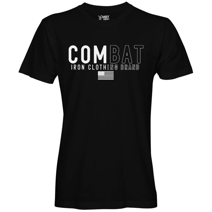 Men’s t-shirt with the words “Combat Iron clothing brand” on the front and an American flag #color_black