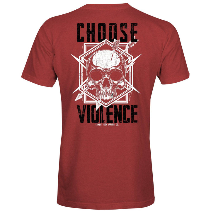 Men’s t-shirt showing words “Choose violence” in black and a white skull in the middle #color_red