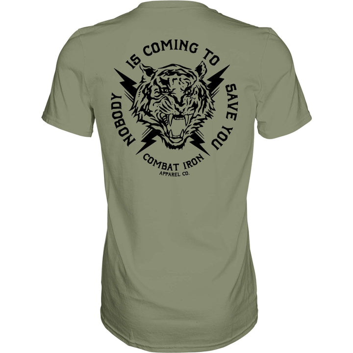 Men’s t-shirt with the message “Nobody is coming to save you” #color_olive